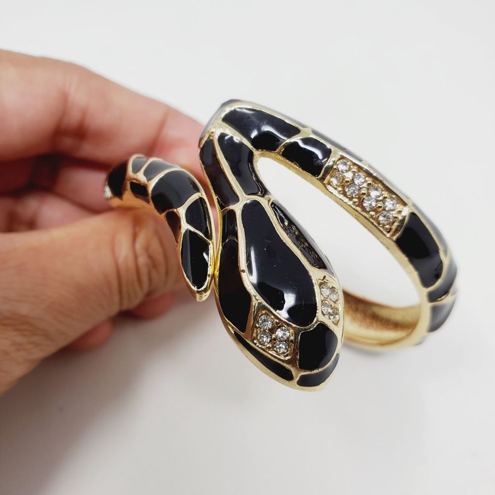 Black Enamel Snake Bangle Rhinestone Bracelet